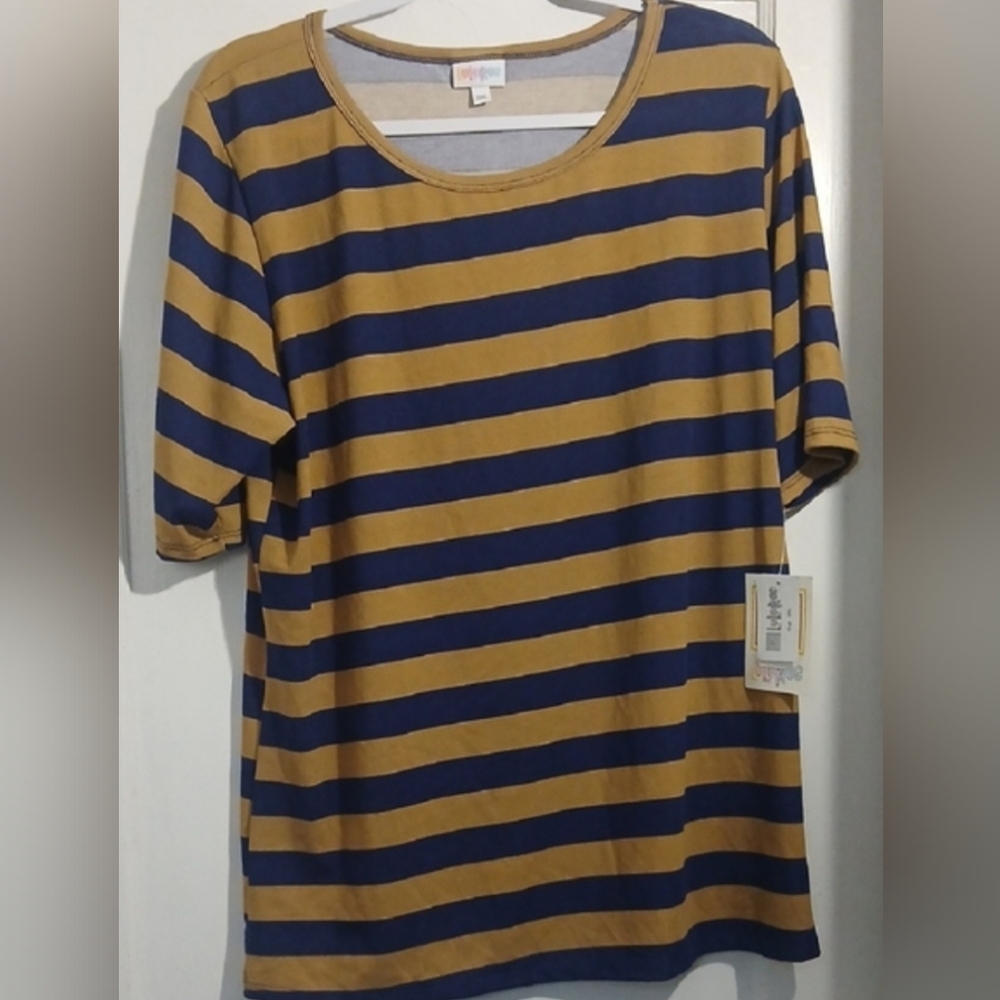LuLaRoe Navy and Mustard Striped Tee NWT